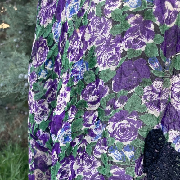 Vintage 90s Alexander Brown Floral Sheer Cardigan Lace Tie Rayon Purple Green XL - Picture 3 of 8